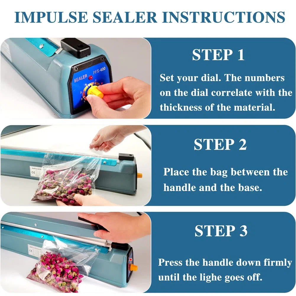 Termosaldatrice per Sacchetti Sigillatrice Saldatrice per Plastica Sacchetti 400mm Macchina Sigillante a Caldo, Larghezza Sigillatura 5mm, Scocca in Metallico, 220V Impulse Sealer Heat Bag Sealer