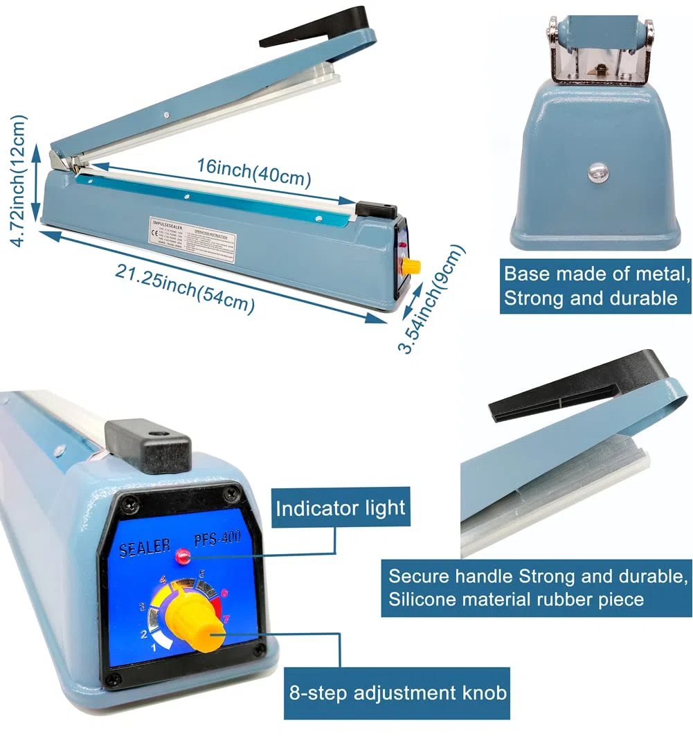 Termosaldatrice per Sacchetti Sigillatrice Saldatrice per Plastica Sacchetti 400mm Macchina Sigillante a Caldo, Larghezza Sigillatura 5mm, Scocca in Metallico, 220V Impulse Sealer Heat Bag Sealer